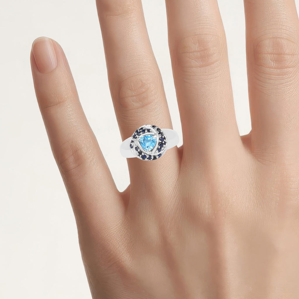 Swiss Blue Topaz Ring With Blue Sapphire 1.56 Carats Sterling Silver