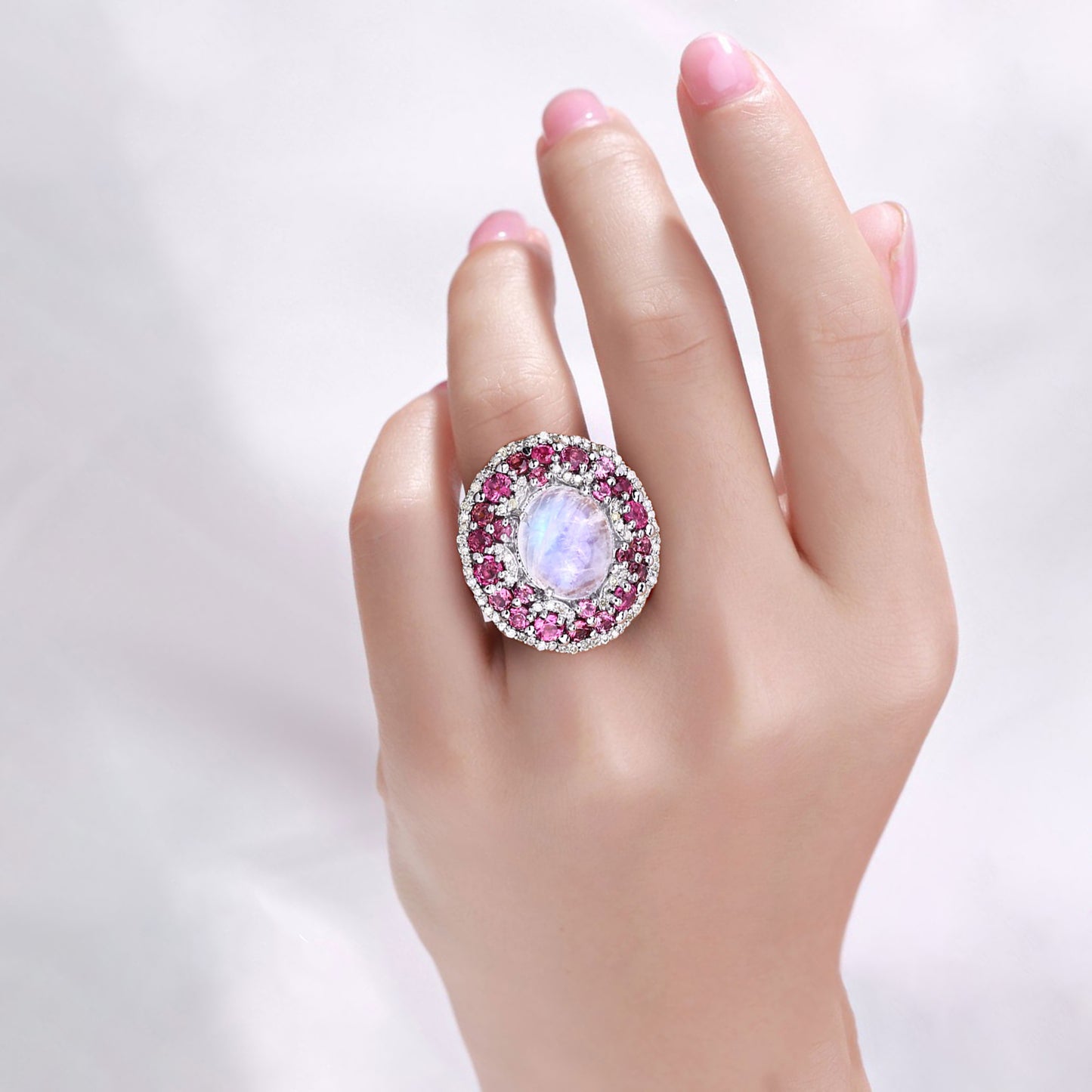 Moonstone Ring With Pink Tourmaline 7.72 Carats Sterling Silver