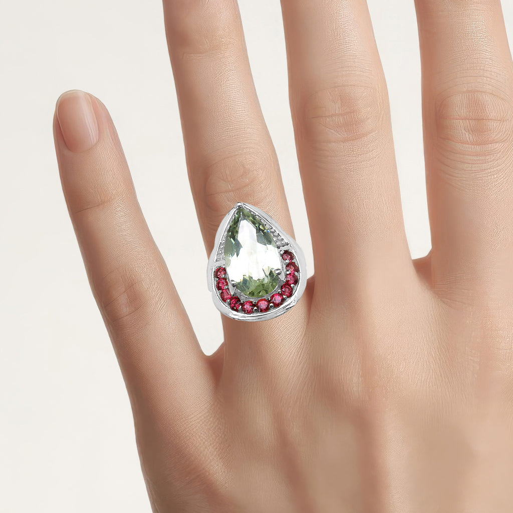 Green Amethyst Ring With Rhodolite Garnet 4.04 Carats Sterling Silver