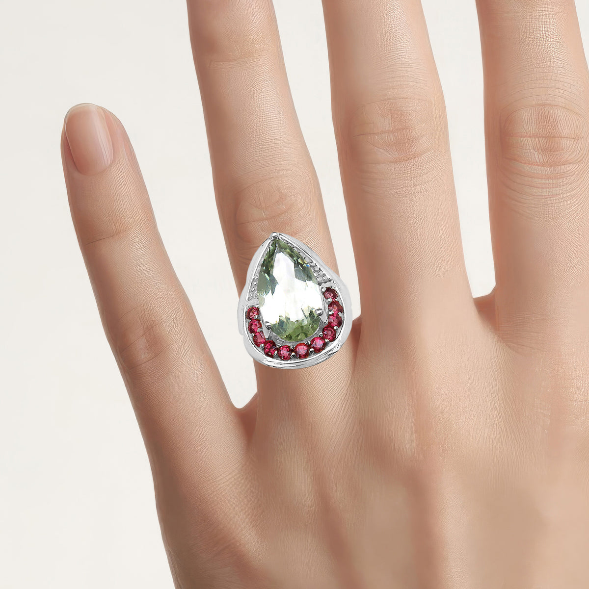 Green Amethyst Ring With Rhodolite Garnet 4.04 Carats Sterling Silver