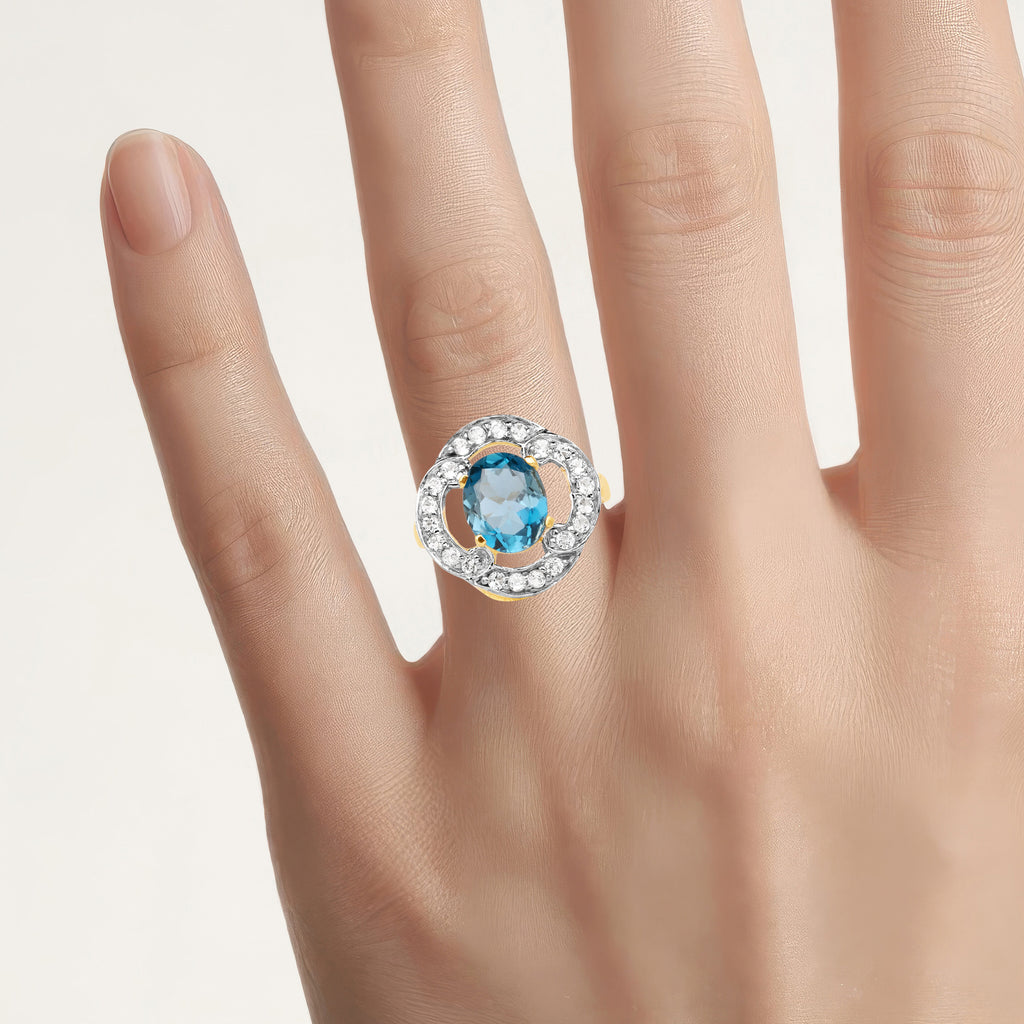 London Blue Topaz Ring With White Topaz 5.1 Carats Gold Plated Silver