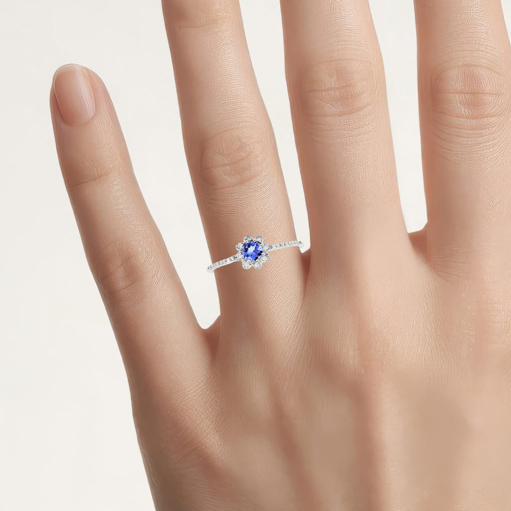 Tanzanite Flower Ring With Diamonds 0.28 Carats 14K White Gold