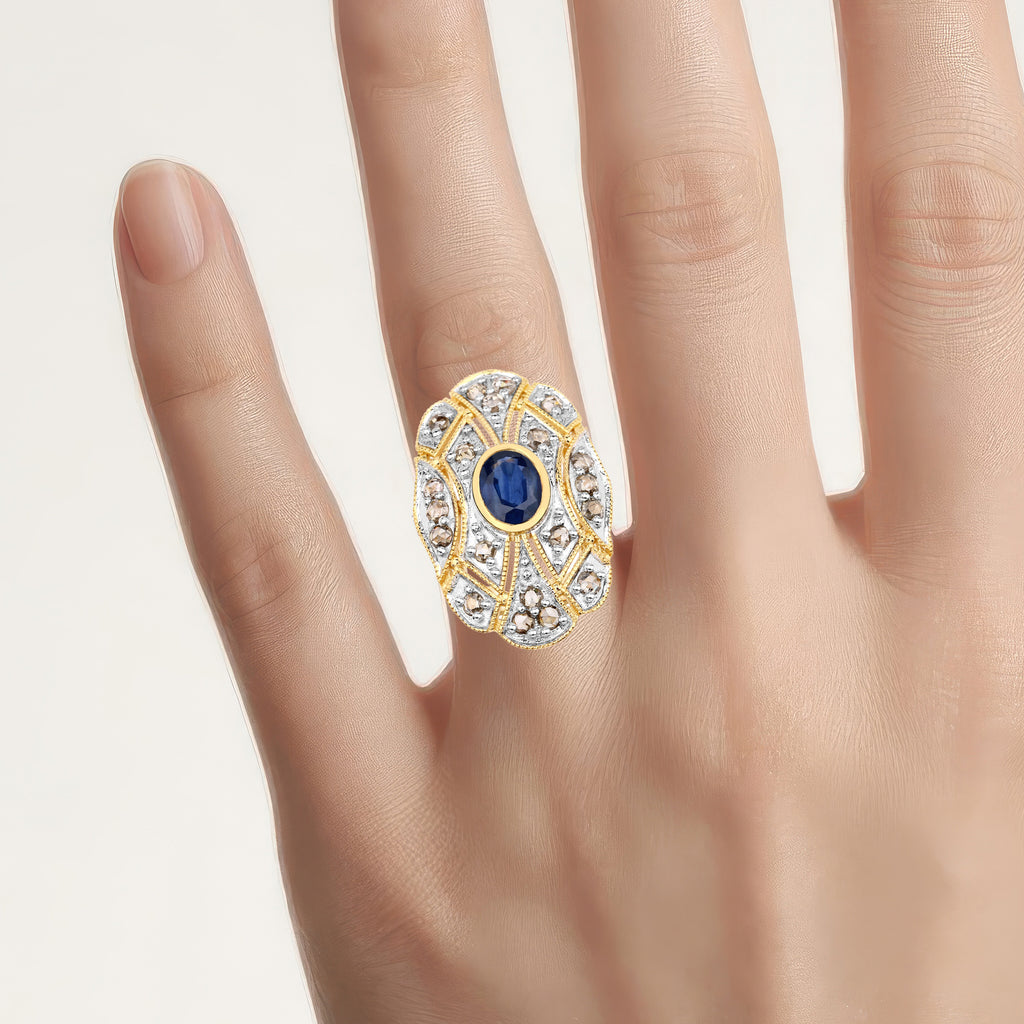 Blue Sapphire Ring With Diamonds 1.8 Carats Gold Plated Silver