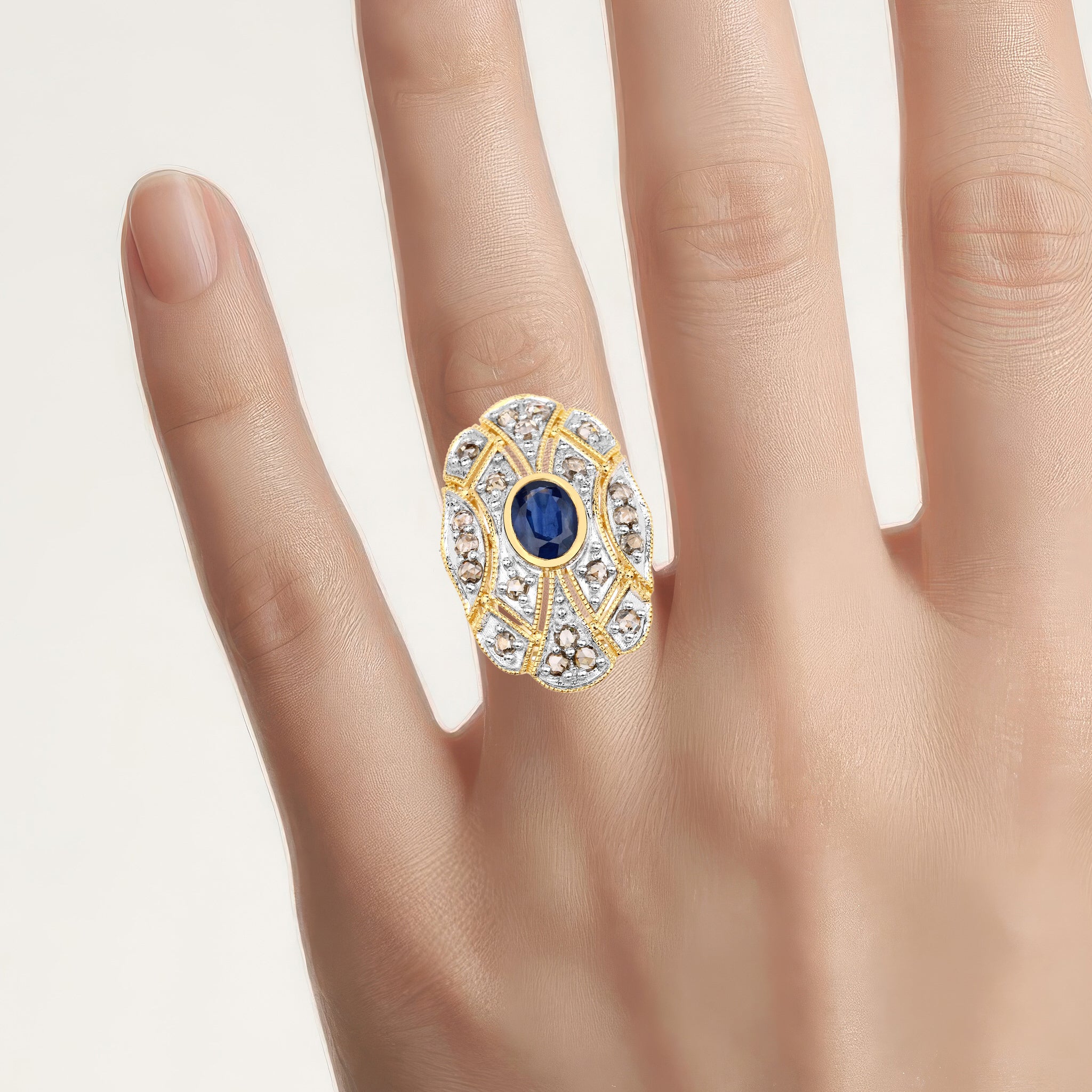 Blue Sapphire Ring With Diamonds 1.8 Carats Gold Plated Silver