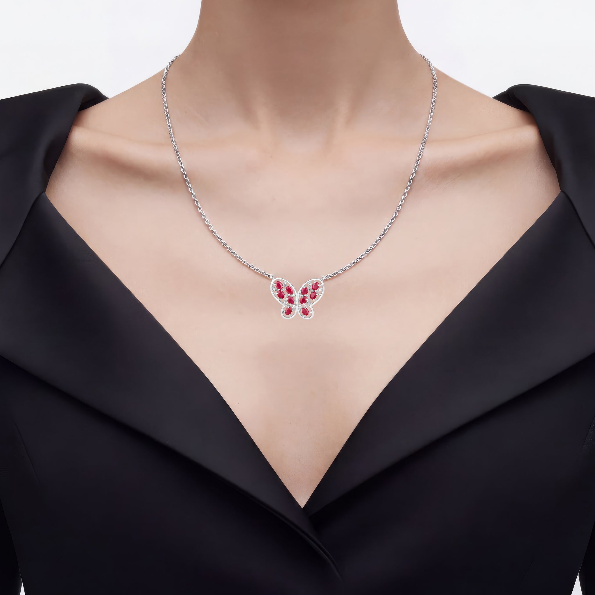 Ruby Butterfly Necklace With White Zircon 2.32 Carats Sterling Silver
