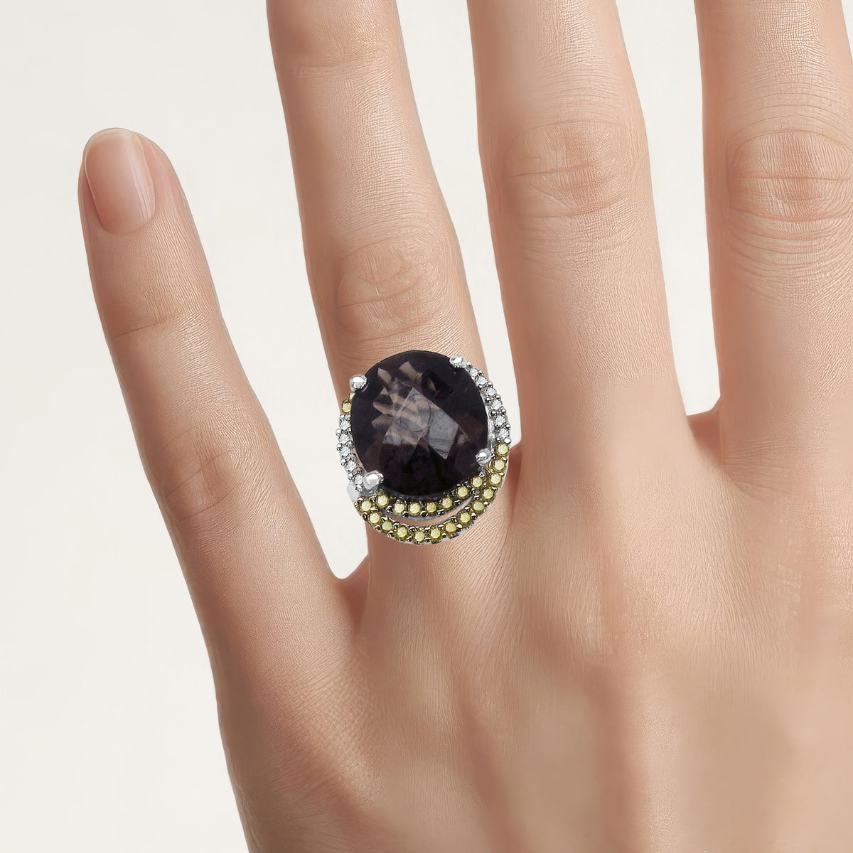 Smoky Quartz Ring With Yellow Diamonds 4.36 Carats Sterling Silver