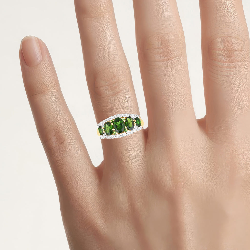 Chrome Diopside Ring With White Topaz 2.6 Carats Gold Plated Silver