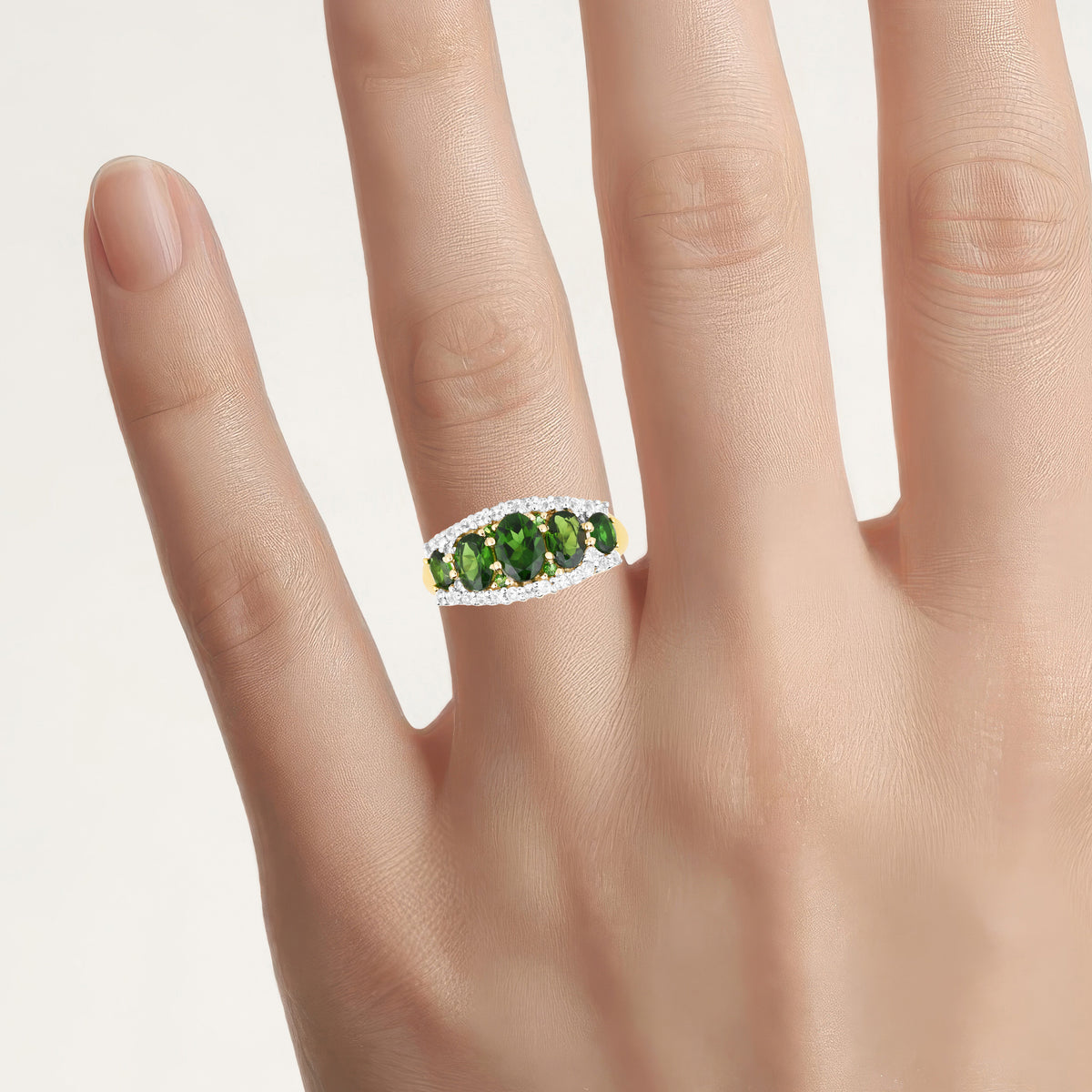 Chrome Diopside Ring With White Topaz 2.6 Carats Gold Plated Silver