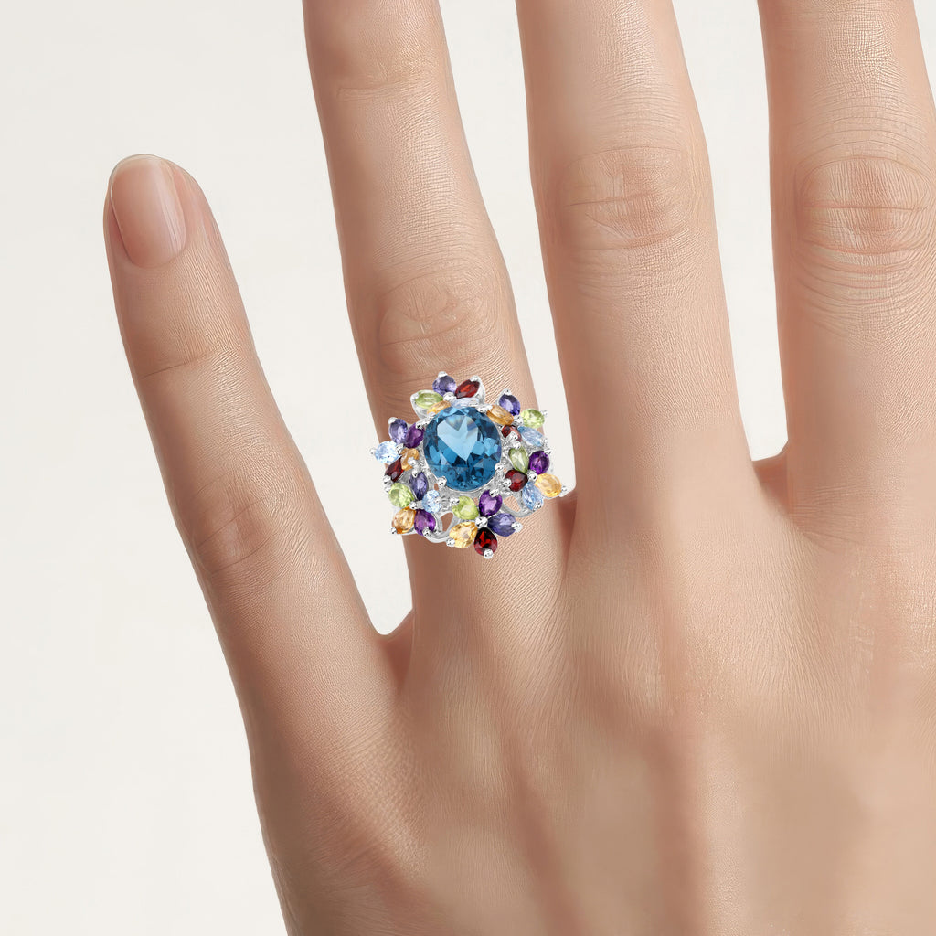 Natural Mixed Gemstones Ring 9.96 Carats Sterling Silver