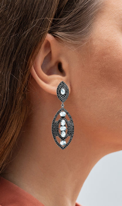 Blue Topaz Earrings With Black Spinel 8.78 Carats Sterling Silver
