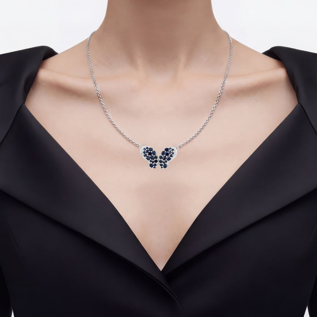 Blue Sapphire Butterfly Pendant With White Zircon 3.76 Carats Sterling Silver