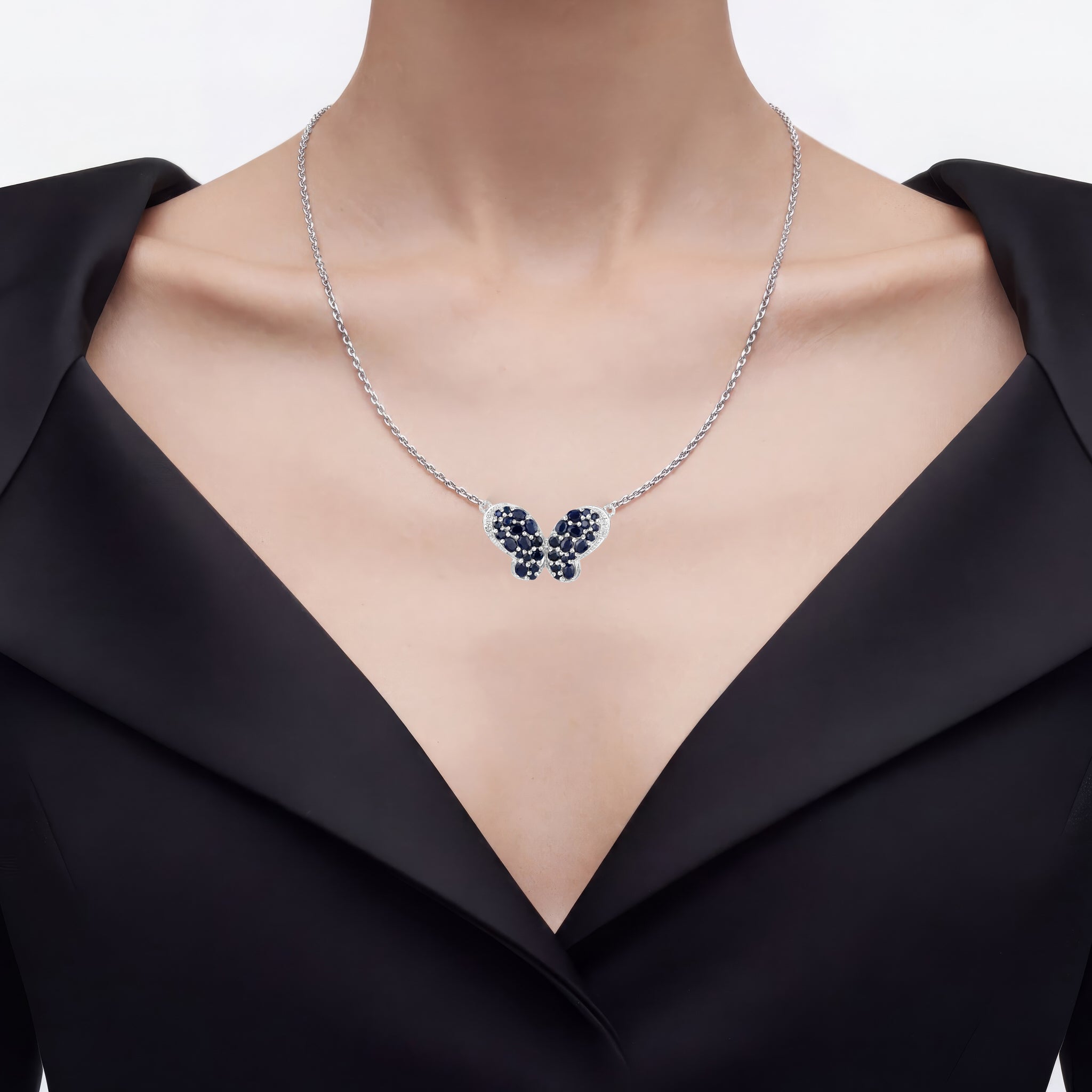 Blue Sapphire Butterfly Pendant With White Zircon 3.76 Carats Sterling Silver