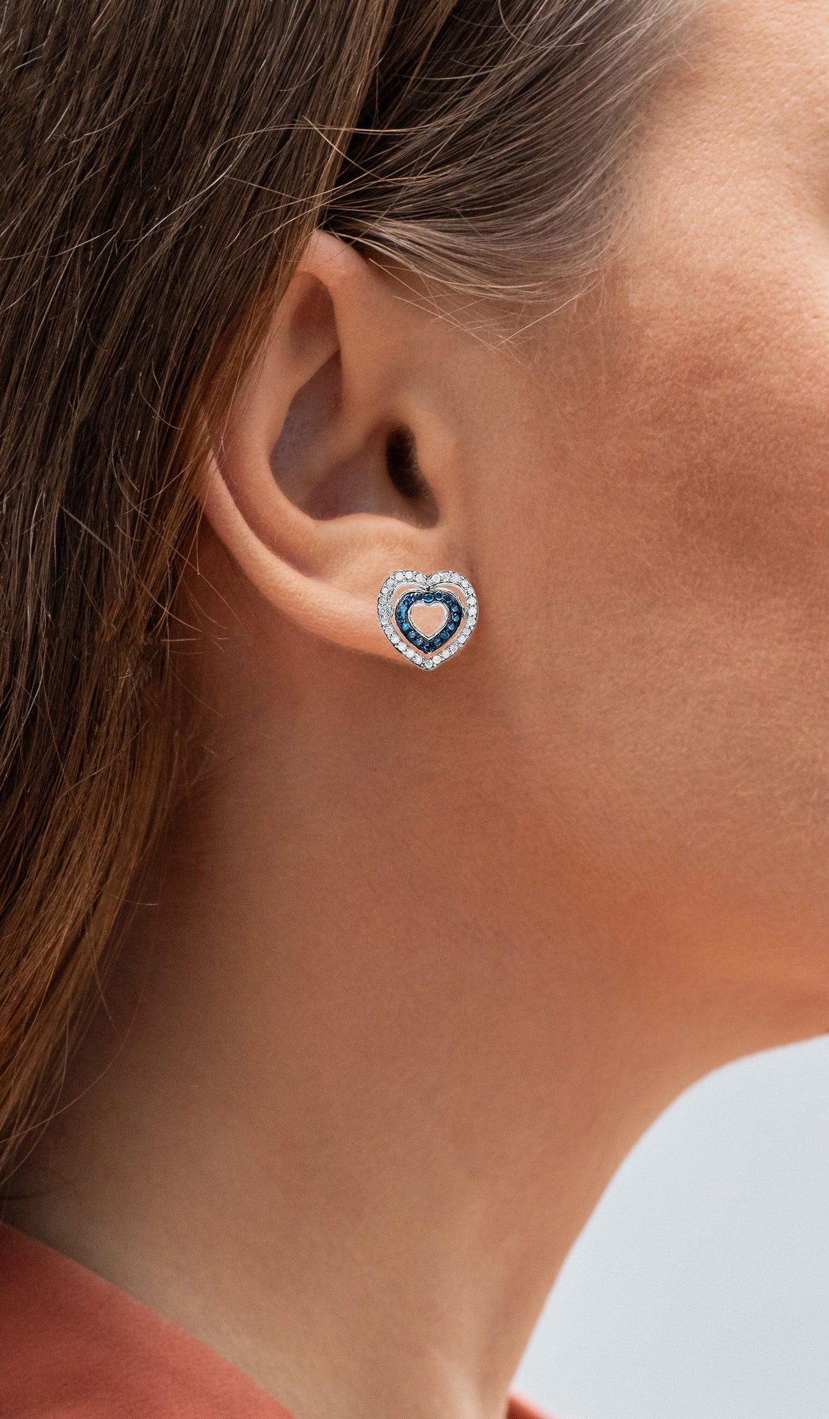 Blue and White Diamond Heart Earrings 0.42 Carats Sterling Silver