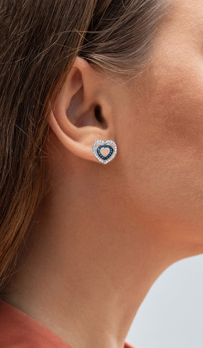 Blue and White Diamond Heart Earrings 0.42 Carats Sterling Silver
