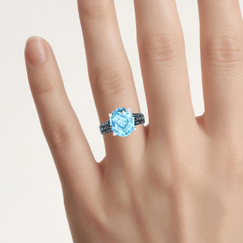 Swiss Blue Topaz Ring With Blue Diamonds 5.48 Carats Sterling Silver