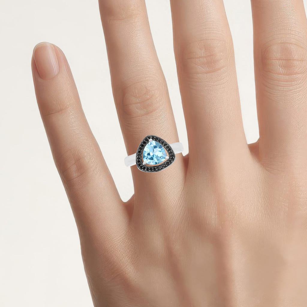 Swiss Blue Topaz Ring With Black Diamonds 2.02 Carats Sterling Silver