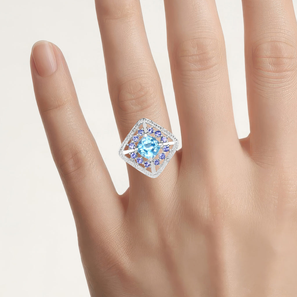 Blue Topaz Ring With Tanzanite 4.2 Carats Sterling Silver