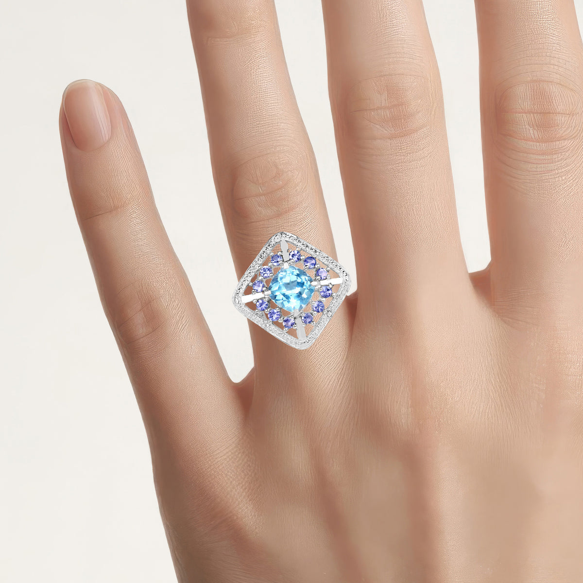 Blue Topaz Ring With Tanzanite 4.2 Carats Sterling Silver