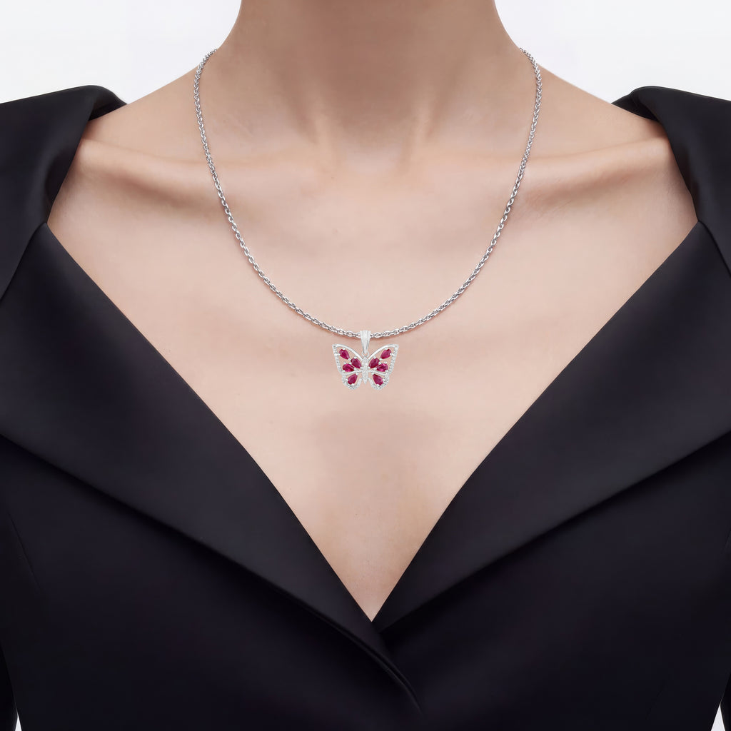 Ruby Butterfly Pendant With White Zircon 2.03 Carats Sterling Silver