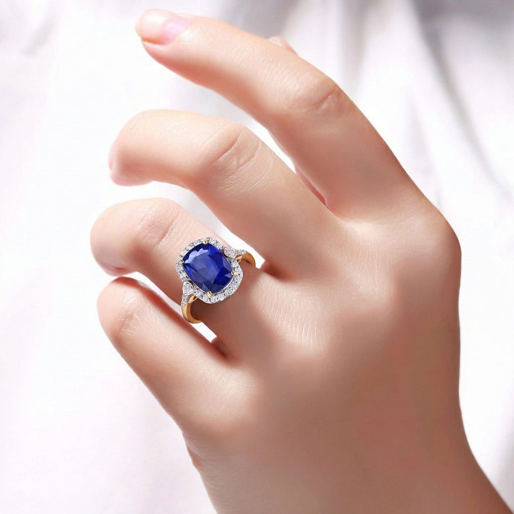Blue Sapphire Ring With Diamonds 3.98 Carats 18K Yellow Gold