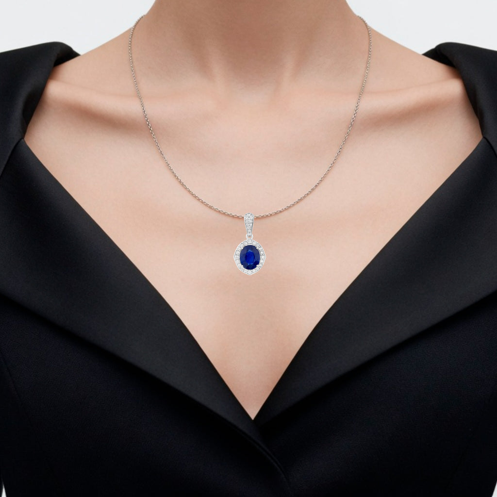 Blue Sapphire Pendant With Diamonds 2.82 Carats 18K White Gold