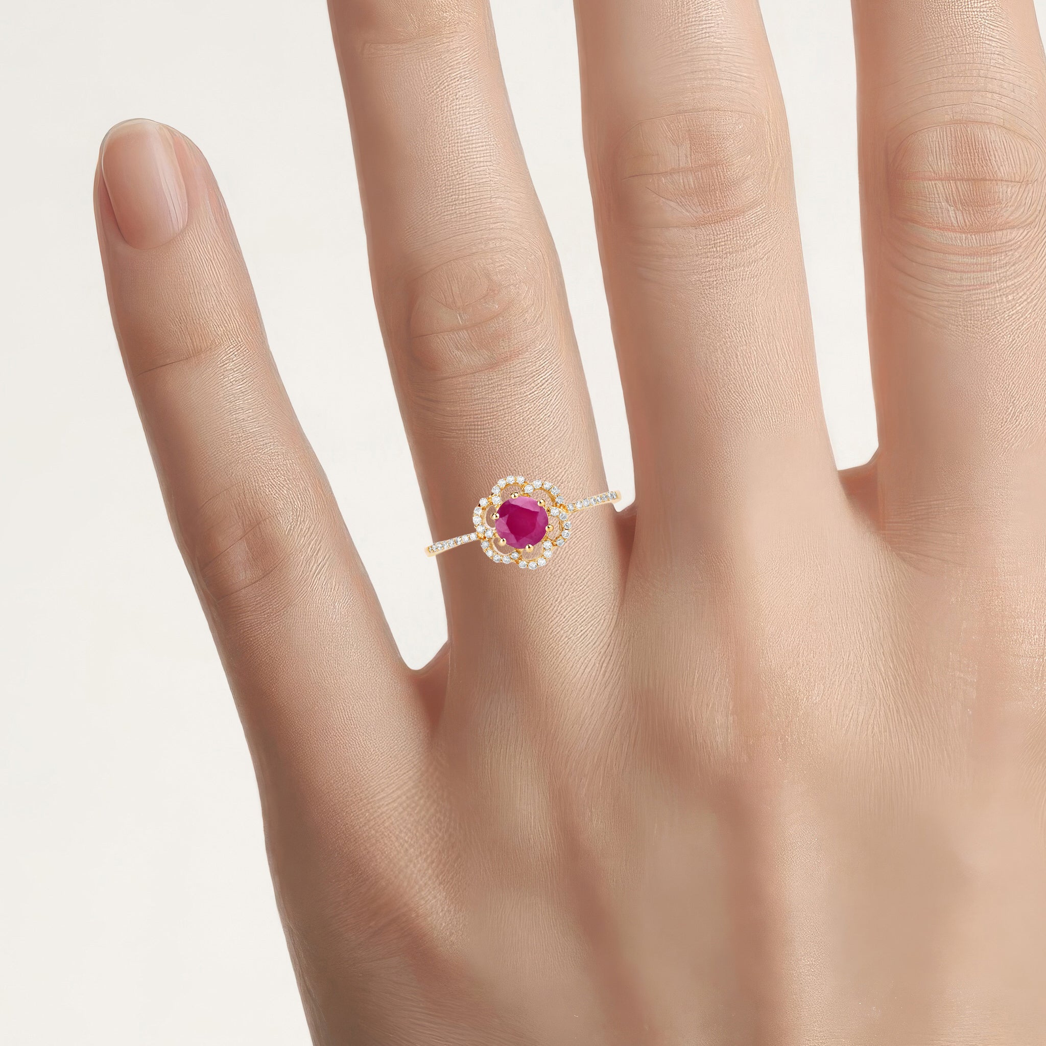 Ruby Flower Ring With Diamonds 0.66 Carats 14K Yellow Gold