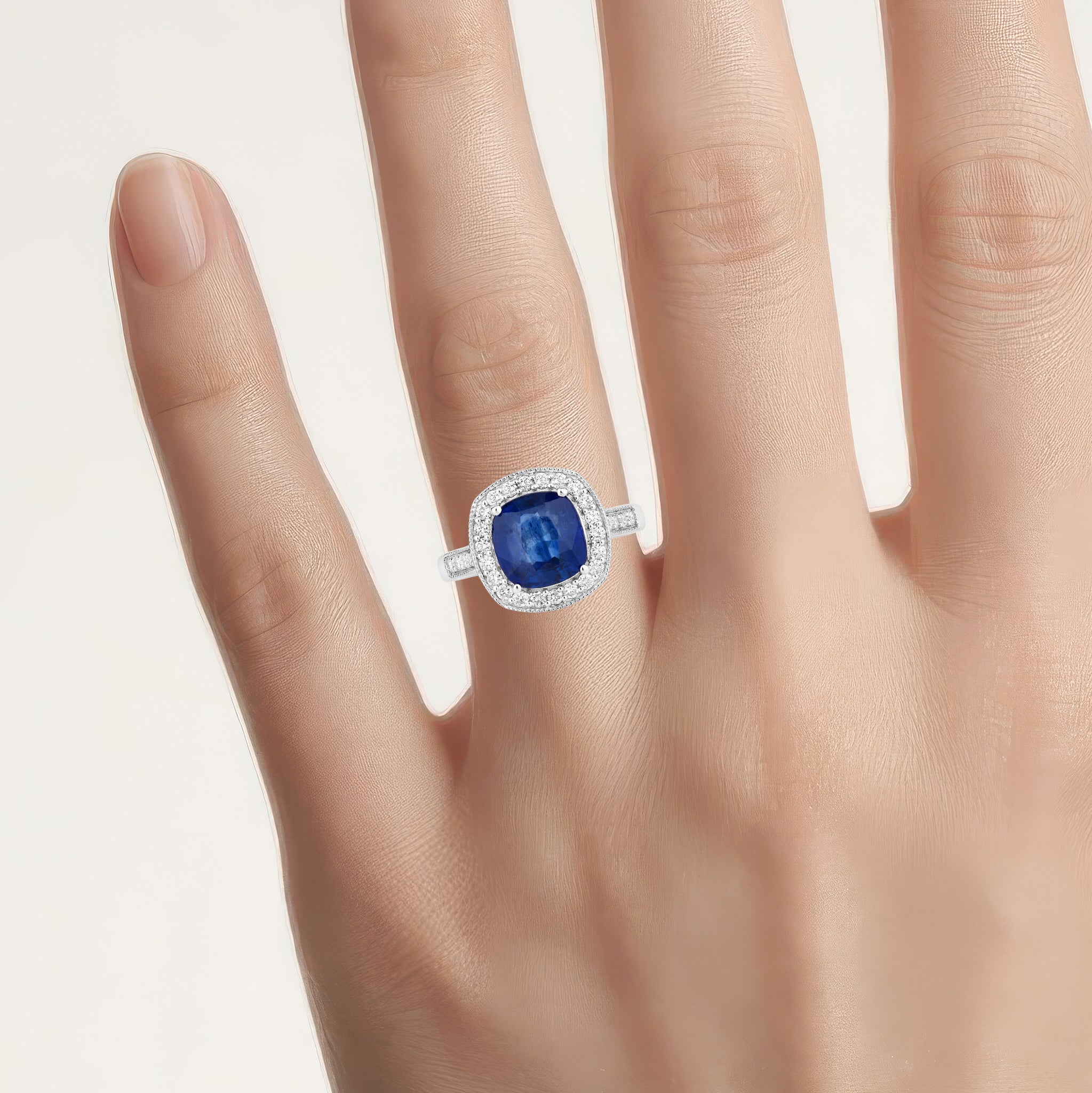 Blue Sapphire Ring With Diamonds 4 Carats 18K White Gold