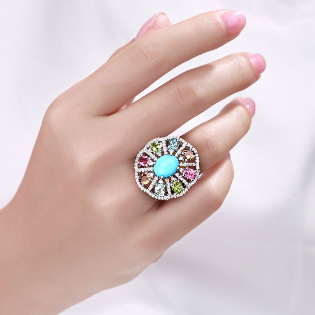 Turquoise Ring With Multicolor Tourmaline 6.1 Carats Sterling Silver