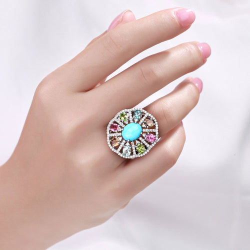 Turquoise Ring With Multicolor Tourmaline 6.1 Carats Sterling Silver