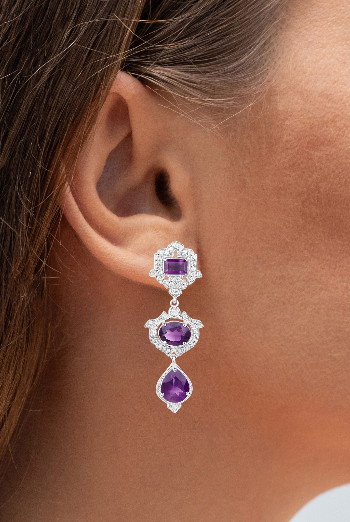 Amethyst Earrings With White Topaz 6.94 Carats Sterling Silver