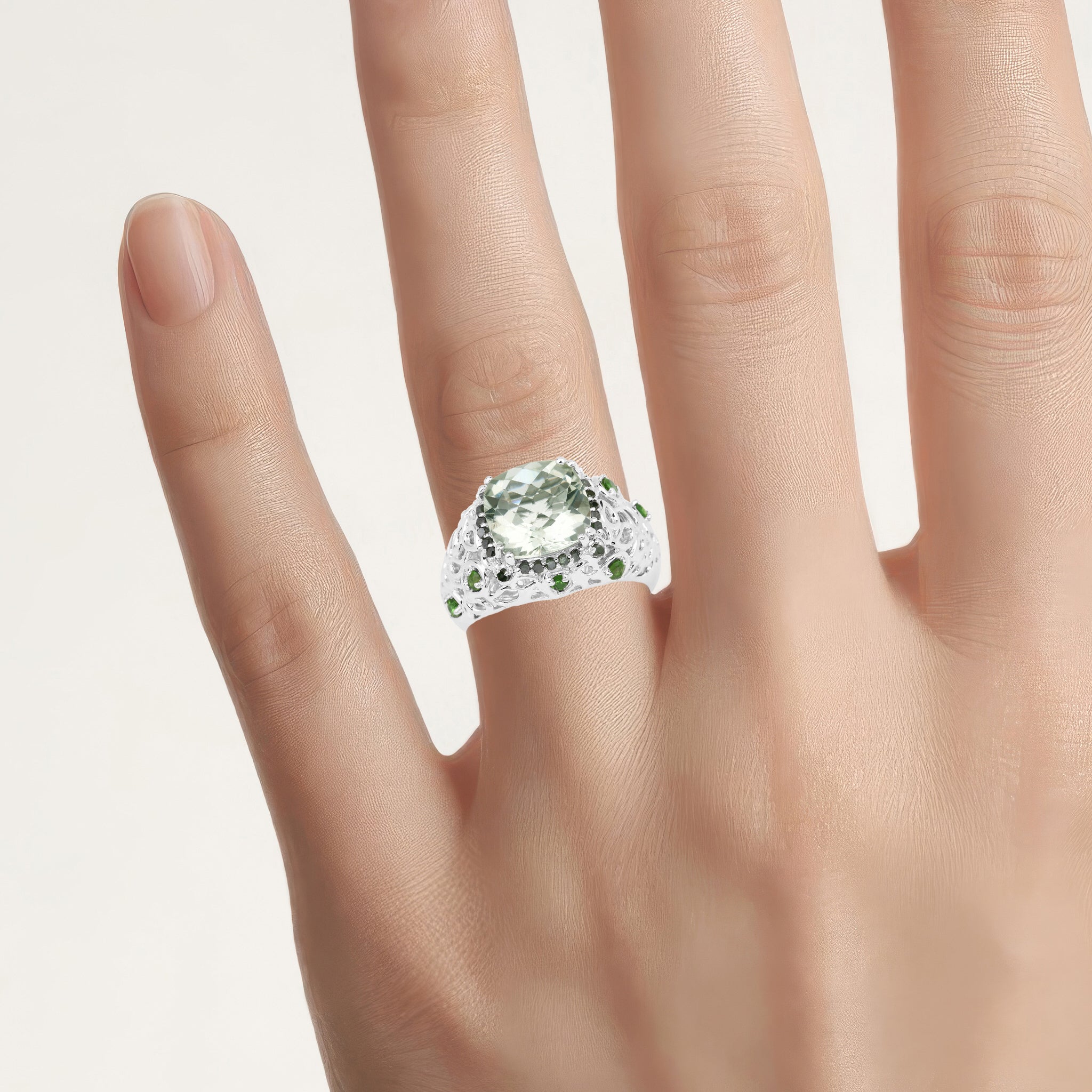 Green Amethyst Ring With Chrome Diopside 5.38 Carats Sterling Silver