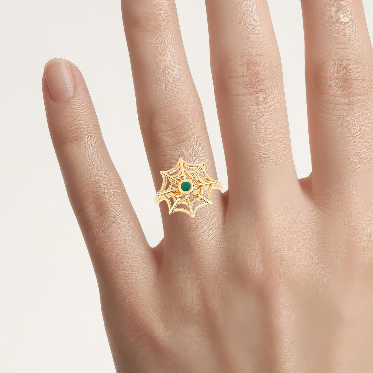 Emerald Spider Web Ring 0.08 Carats Gold Plated Silver