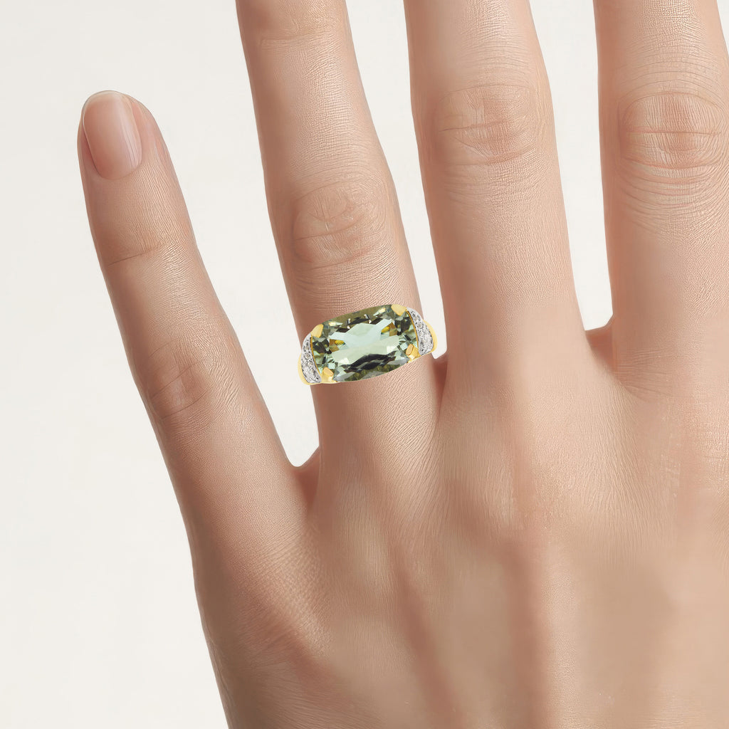 Green Amethyst Ring With White Topaz 6.76 Carats Gold Plated Silver