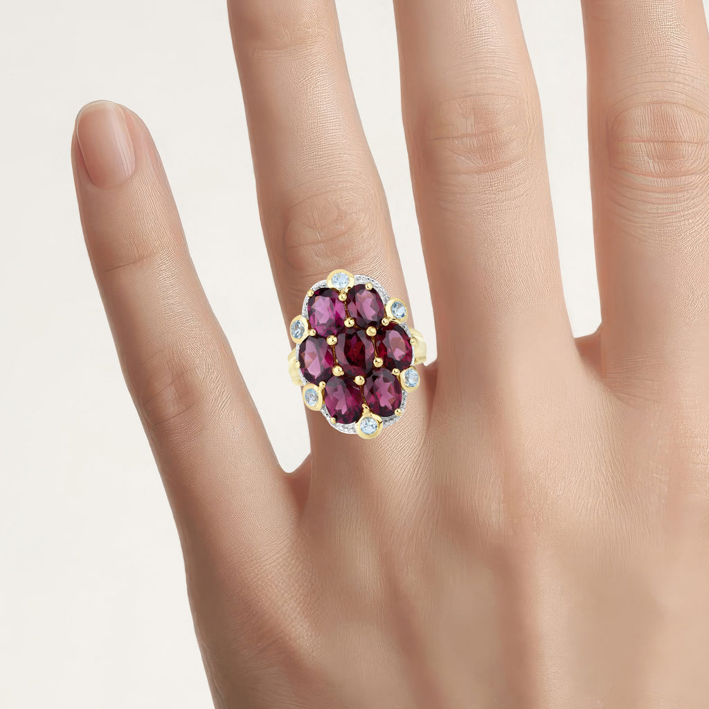 Rhodolite Garnet Flower Ring With Blue Topaz 11.1 Carats Gold Plated Silver