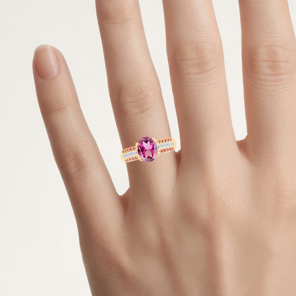 Rhodolite Garnet Ring With White Topaz 3.28 Carats Gold Plated Silver