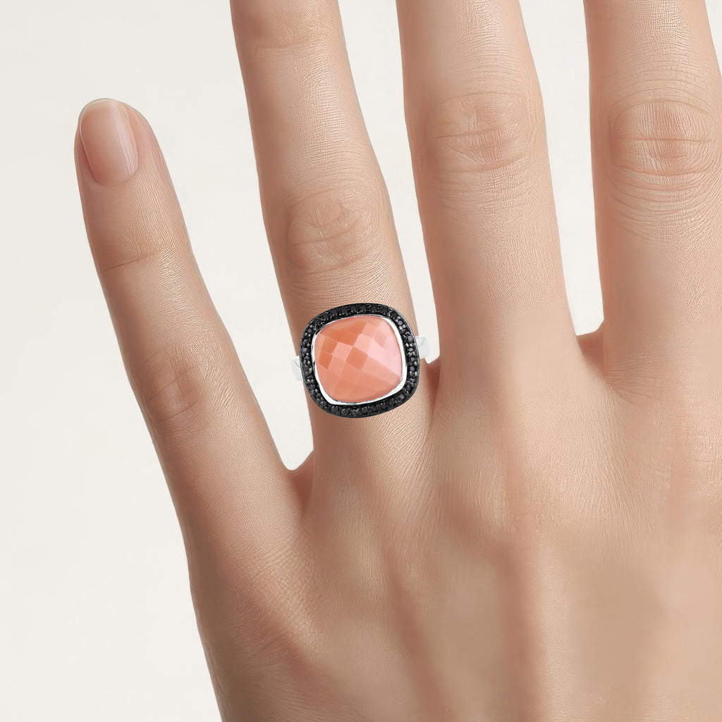 Peach Moonstone Ring With Black Spinel 6.42 Carats Sterling Silver
