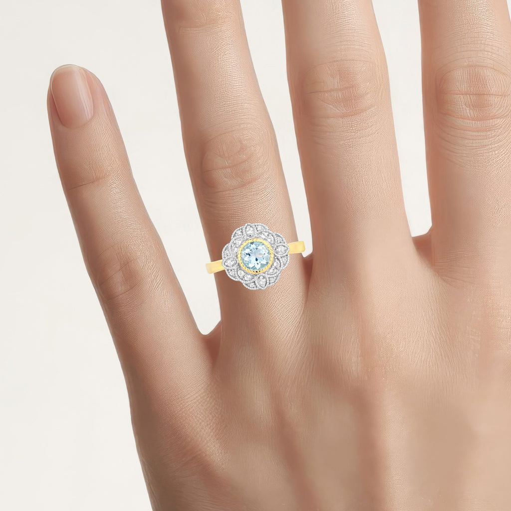 Aquamarine Ring With White Zircon 0.94 Carats Gold Plated Silver