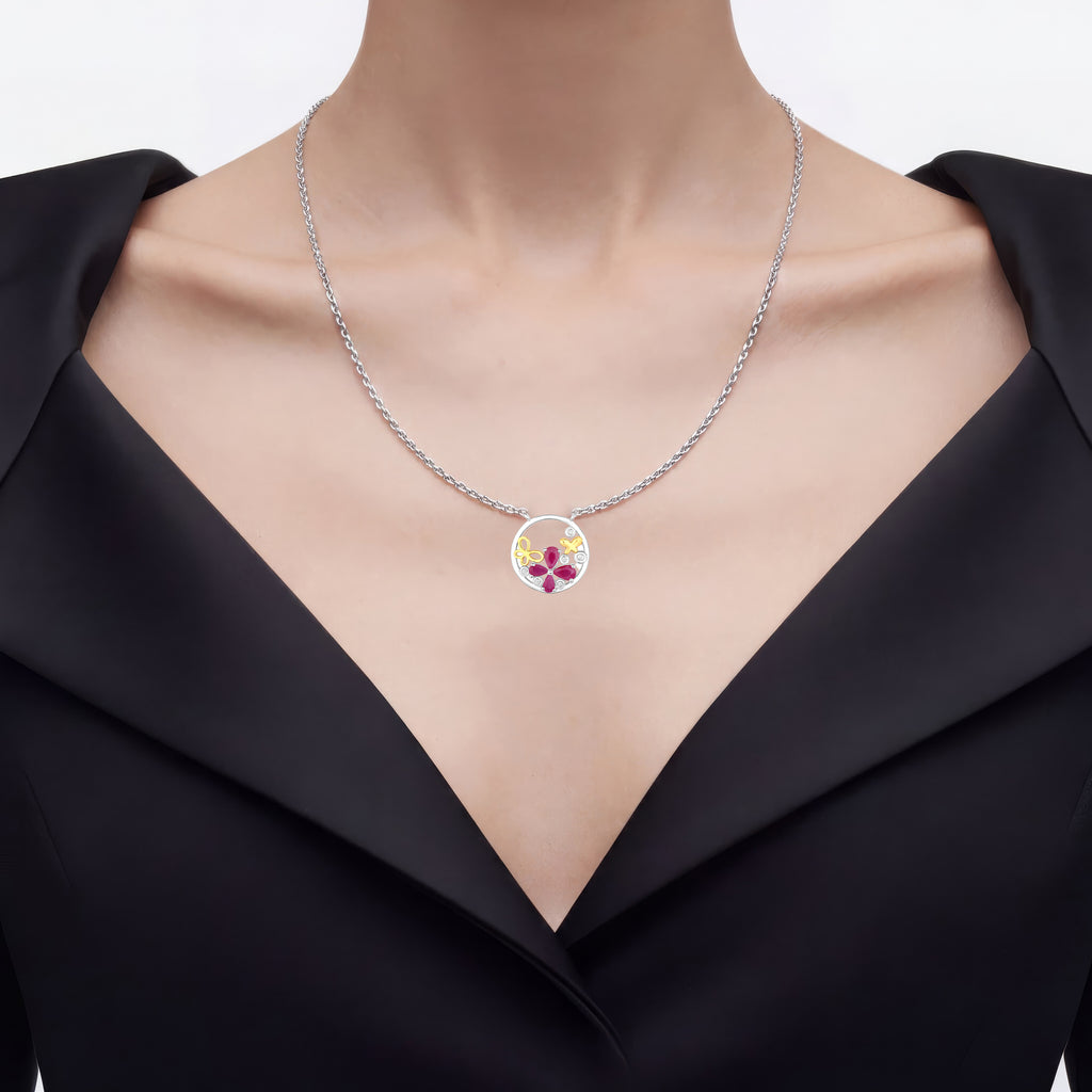 Ruby Butterfly Pendant With White Topaz 1.38 Carats Sterling Silver