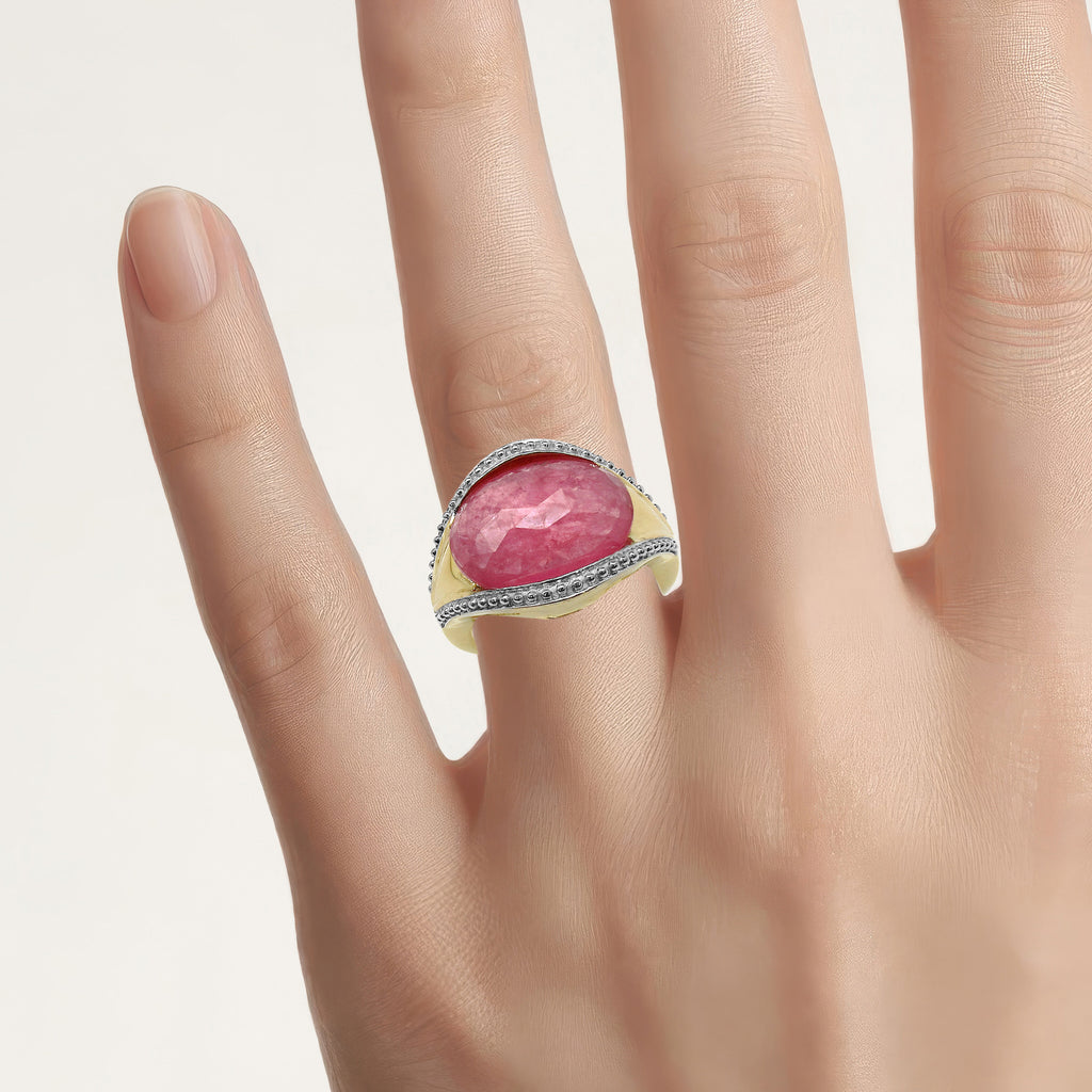 Pink Sapphire Ring 9.26 Carats Gold Plated Silver
