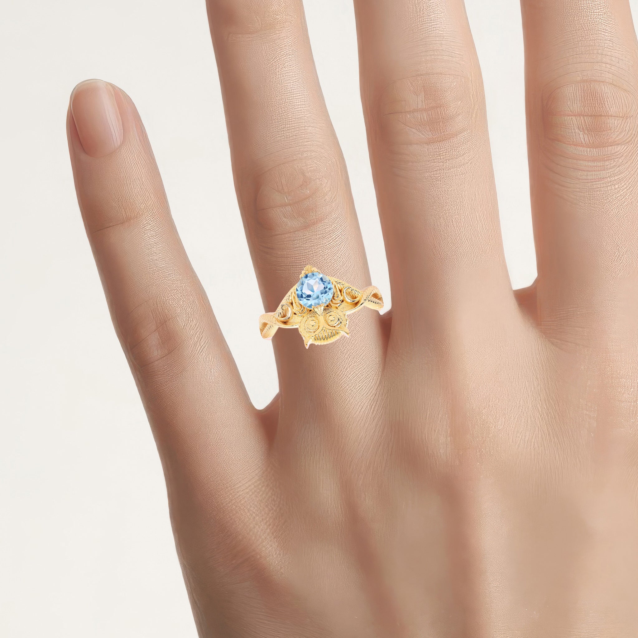 Blue Topaz Owl Ring 1.04 Carats Gold Plated Silver