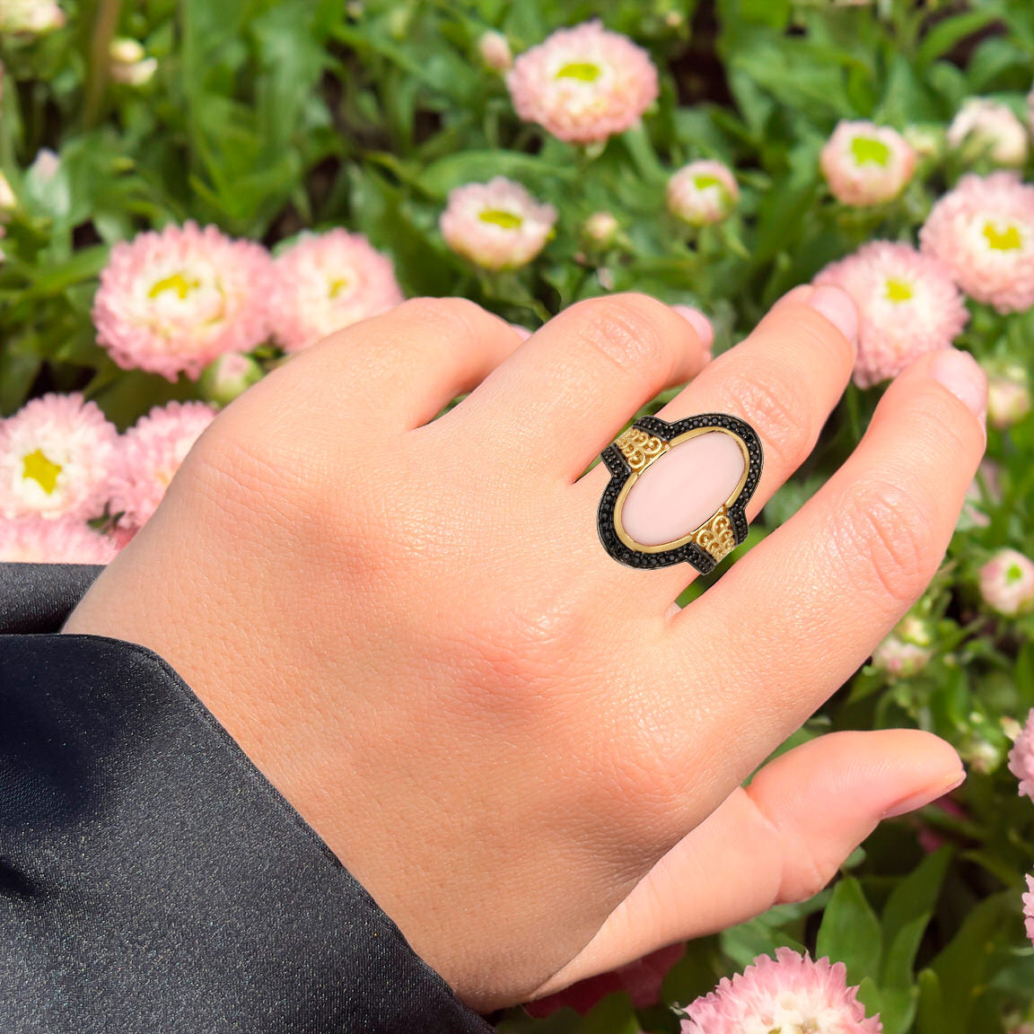 Natural Pink Opal Ring With Black Spinel 9.67 Carats Gold Plated Silver