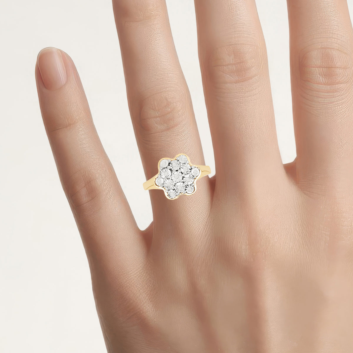 Diamond Flower Ring 0.06 Carats Gold Plated Silver