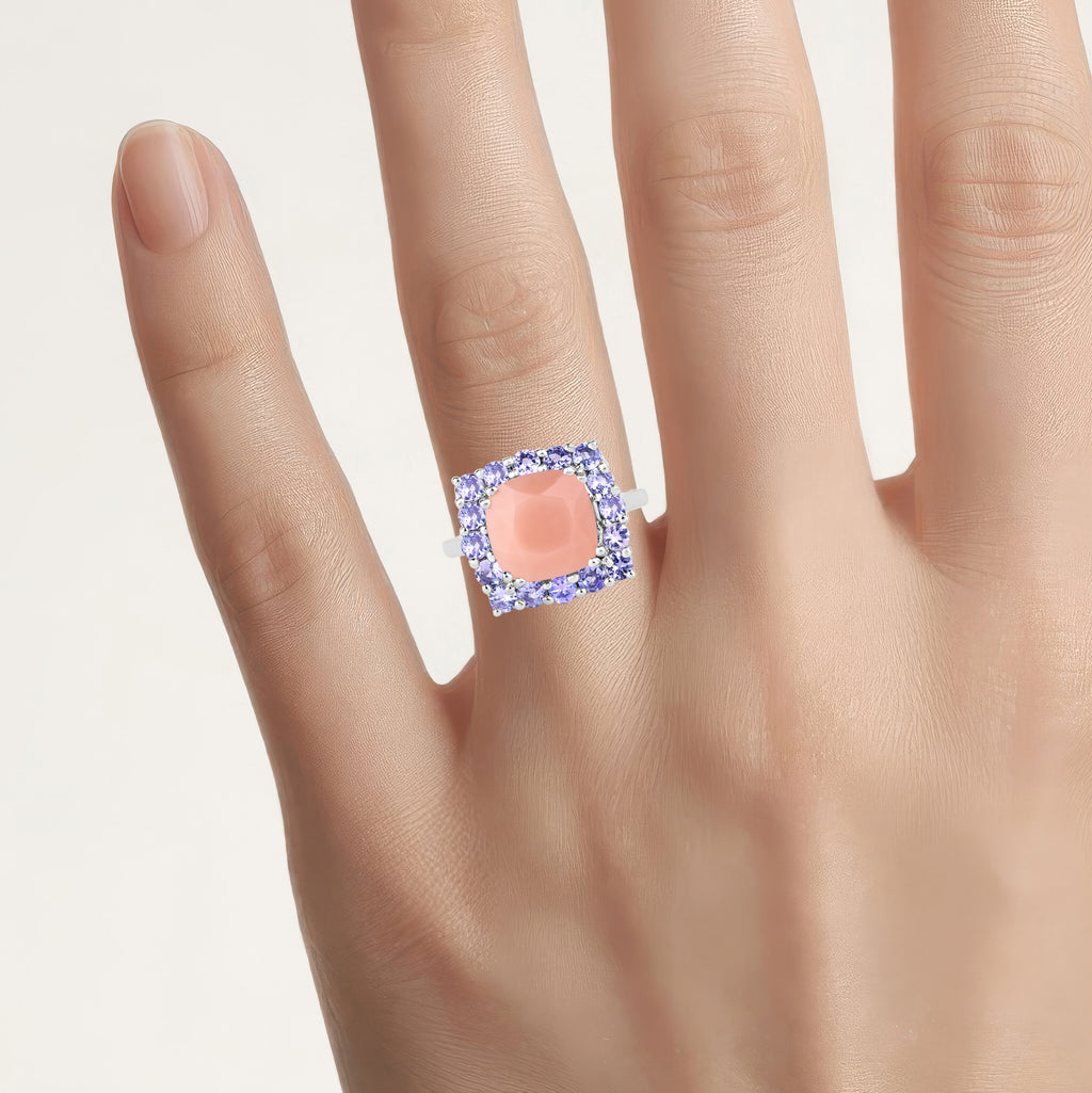 Peach Moonstone Ring With Tanzanite 6.66 Carats Sterling Silver
