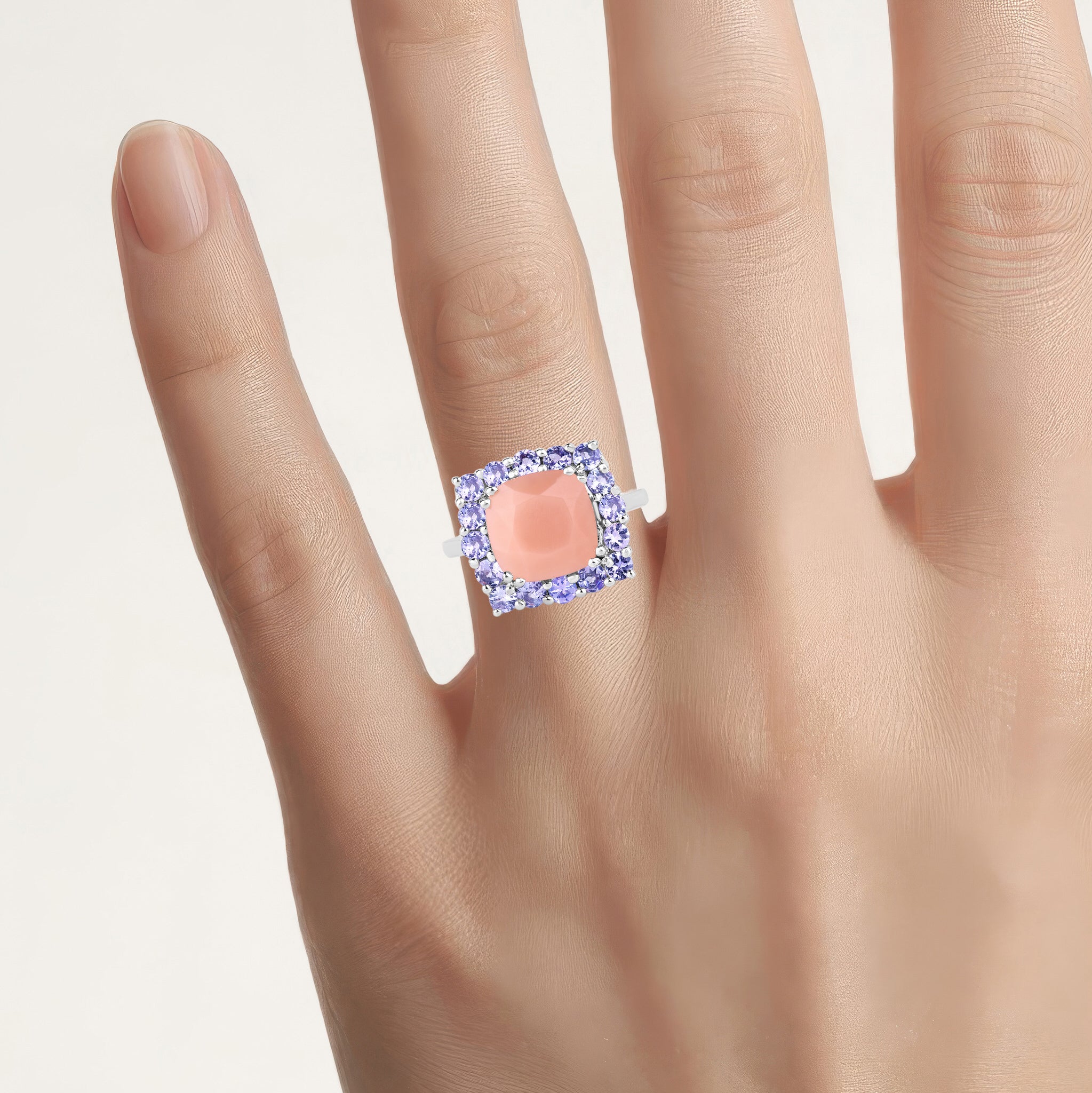 Peach Moonstone Ring With Tanzanite 6.66 Carats Sterling Silver