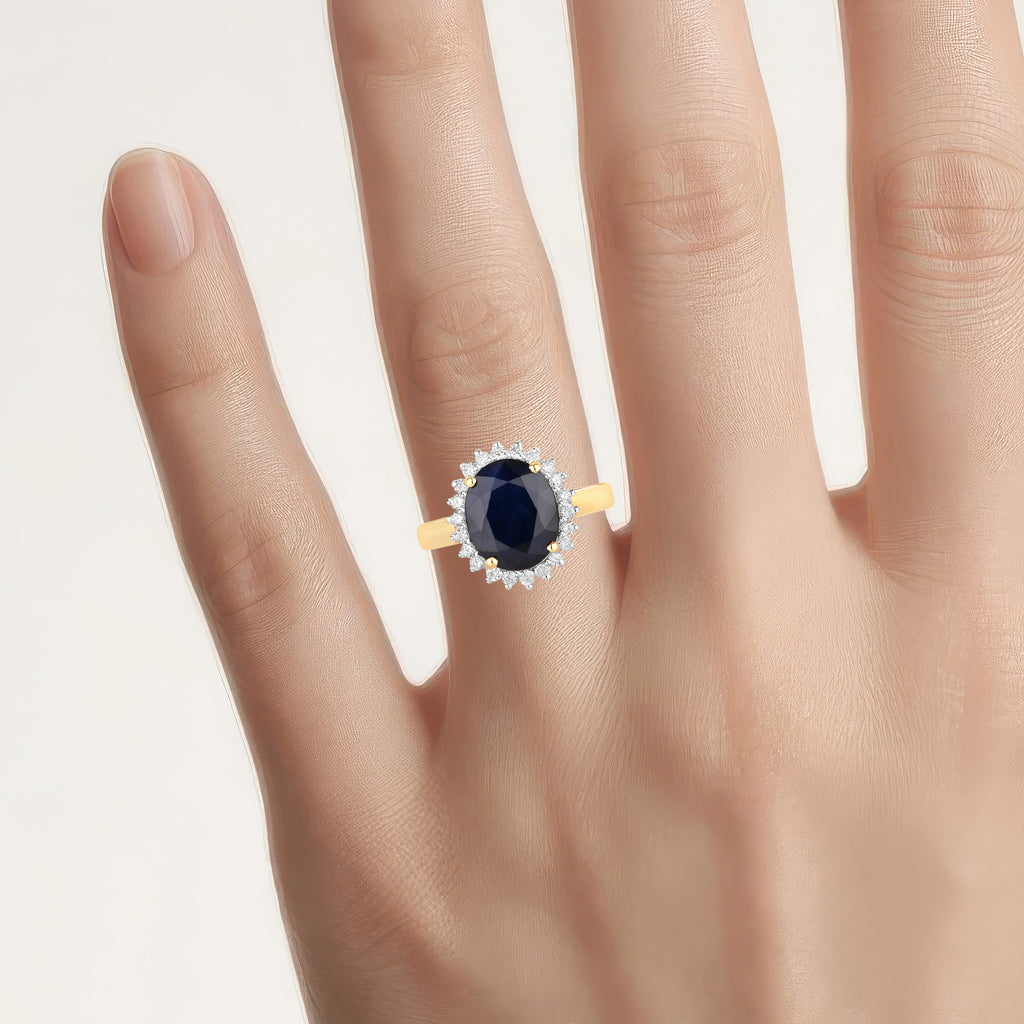 Blue Sapphire Ring With Diamonds 4.6 Carats 14K Yellow Gold