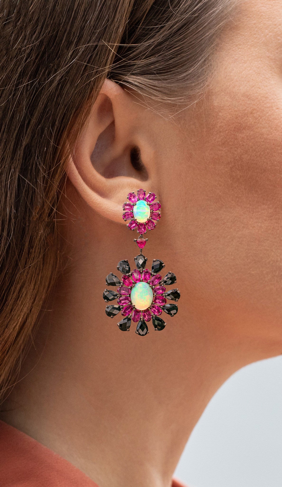 Ethiopian Opal Dangle Earrings Rhodolite and Black Spinel 29 Carats