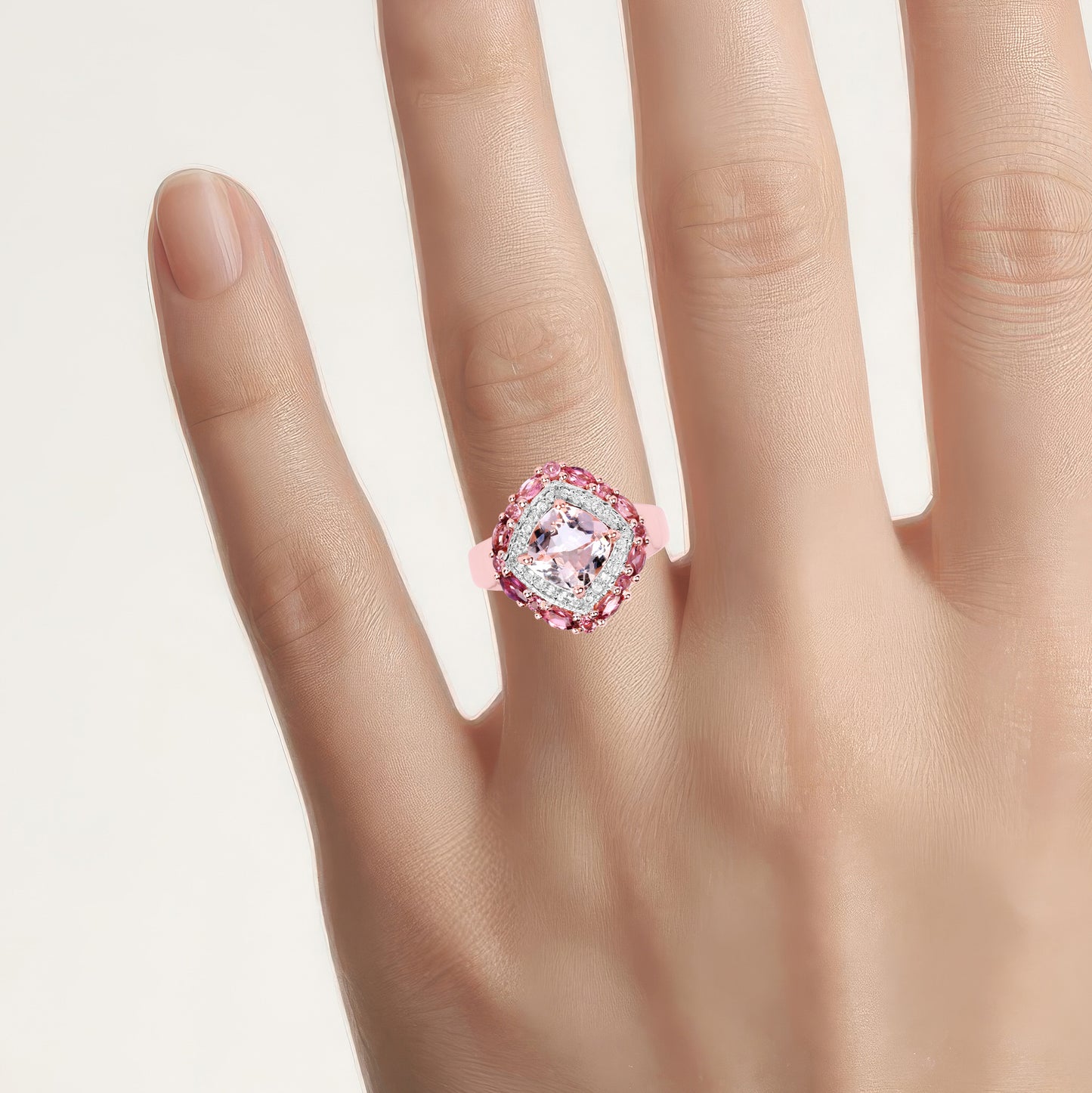 Morganite Ring With Pink Tourmaline 3.04 Carats Gold Plated Silver
