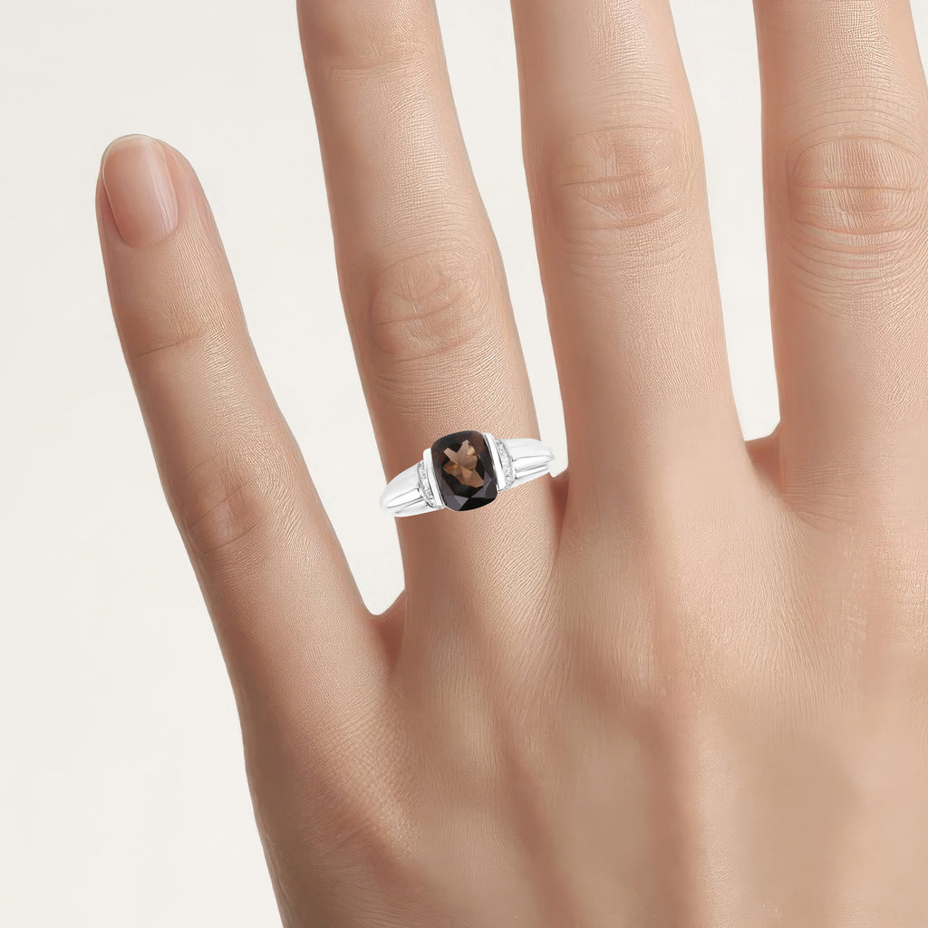 Smoky Quartz Ring With White Topaz 2 Carats Sterling Silver