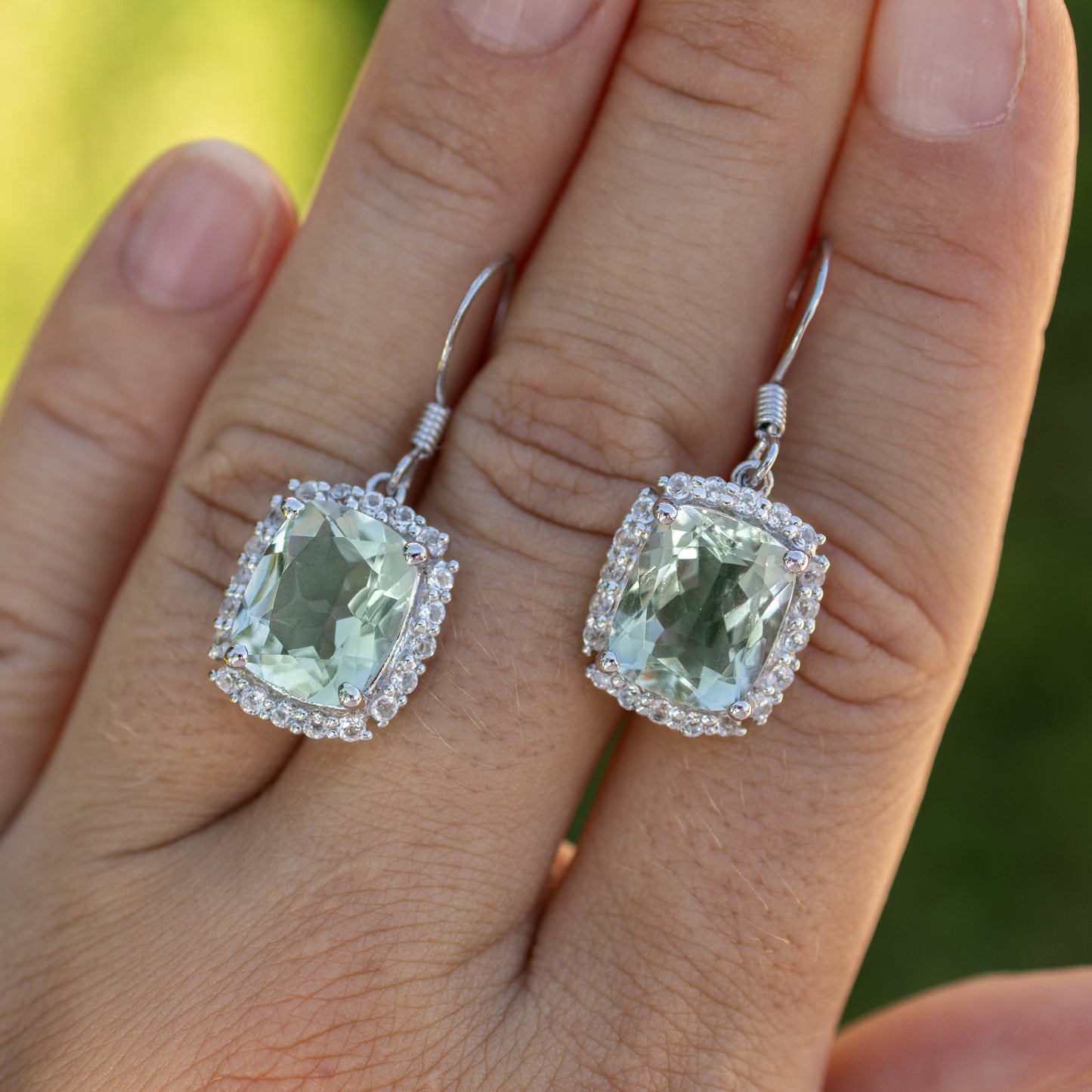 Green Amethyst Dangle Earrings White Topazes 10.4 Carats Sterling Silver