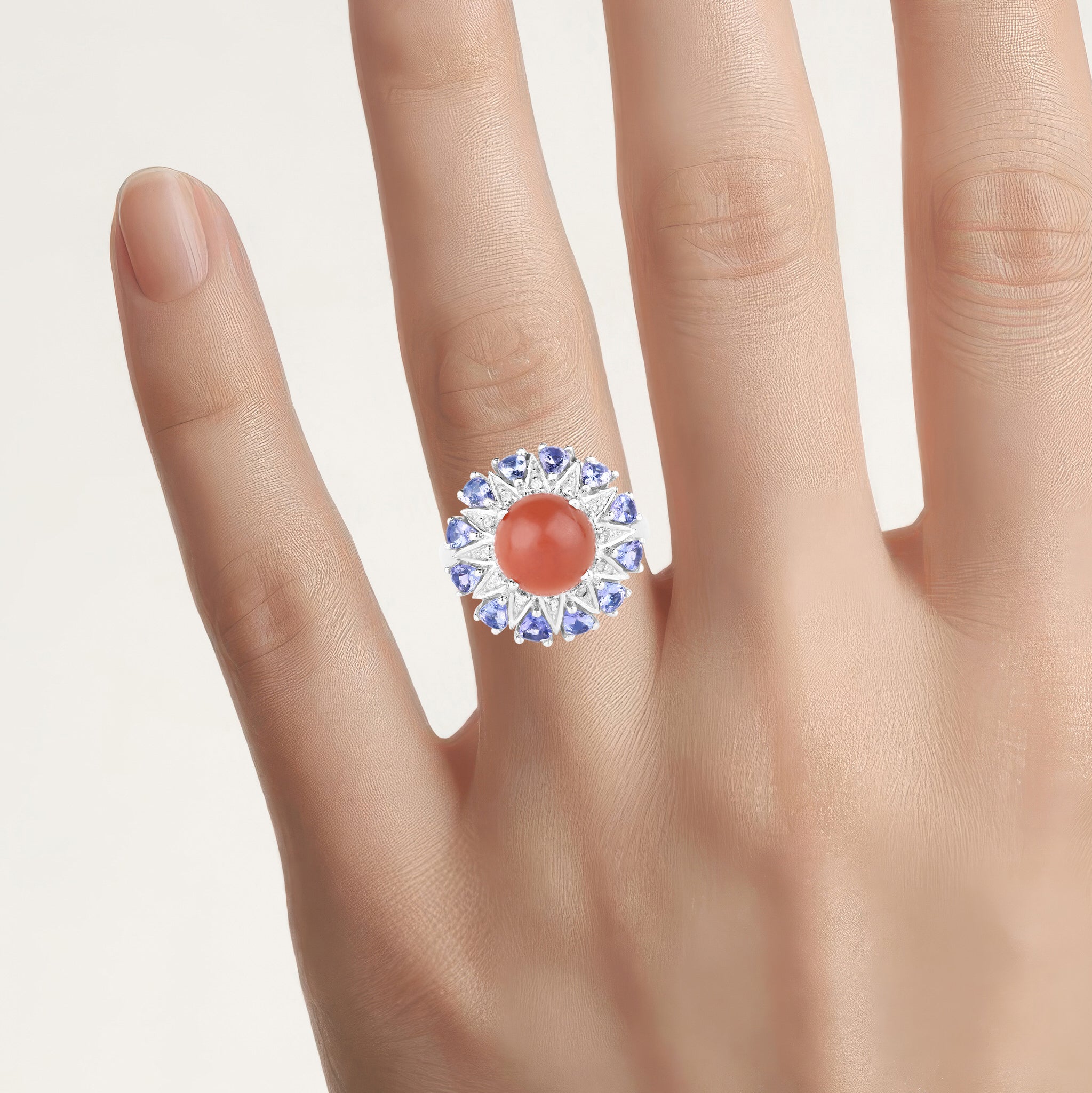 Peach Moonstone Ring With Tanzanite 5.68 Carats Sterling Silver